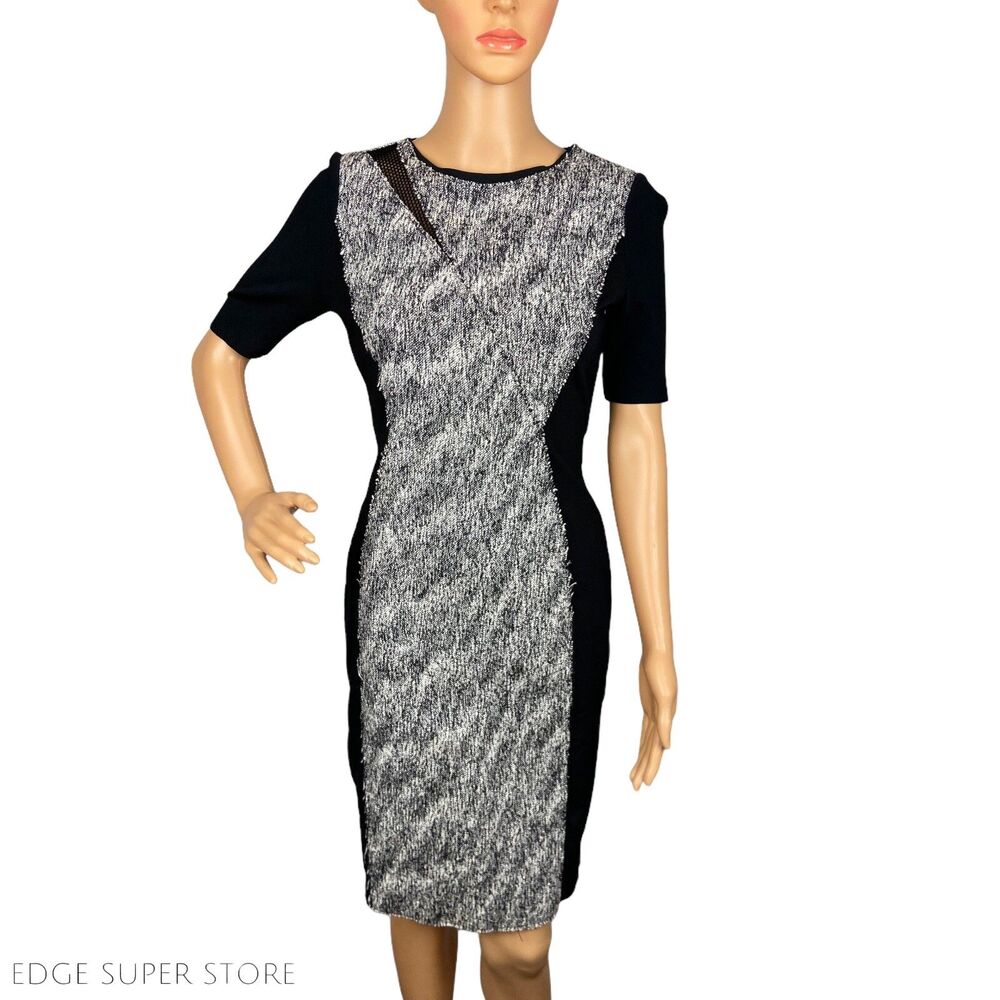 Elie Tahari Black White Tweed Short Sleeve Mesh Trim Pencil Zip Up Dress Size 2